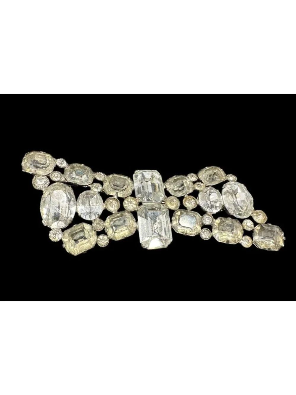Vintage Paste Crystal Clear Rhinestone Brooch Pin Large Silver Tone